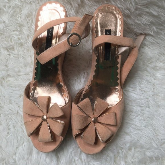 Marc Jacobs pink wedges 8.5 Womens Blush Suede Heels floral shoes ankle strap - Picture 2 of 10